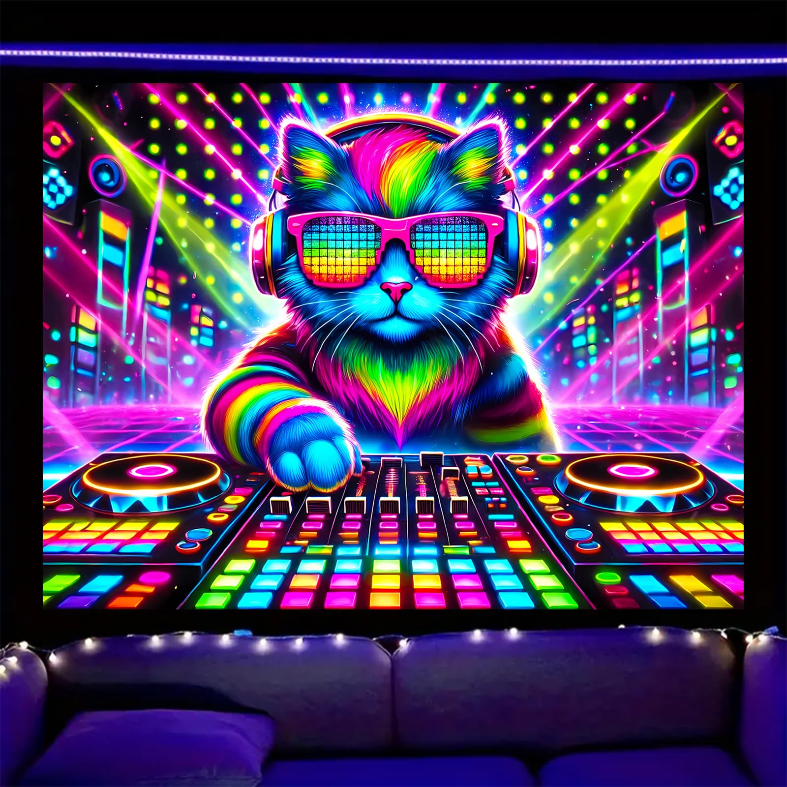 Nuxovilar DJ Cat UV Reactive Tapestry, 78.74"x59.05" Polyester