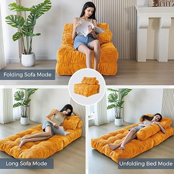 MAXYOYO Folding Sofa Bed, Convertible Sleeper Chair with Pillow Foldable Mattress with Back Support, Portable Fold Out Chair Bed Comfy Floor Sofa Lounge for Living Room Bedroom, Orange