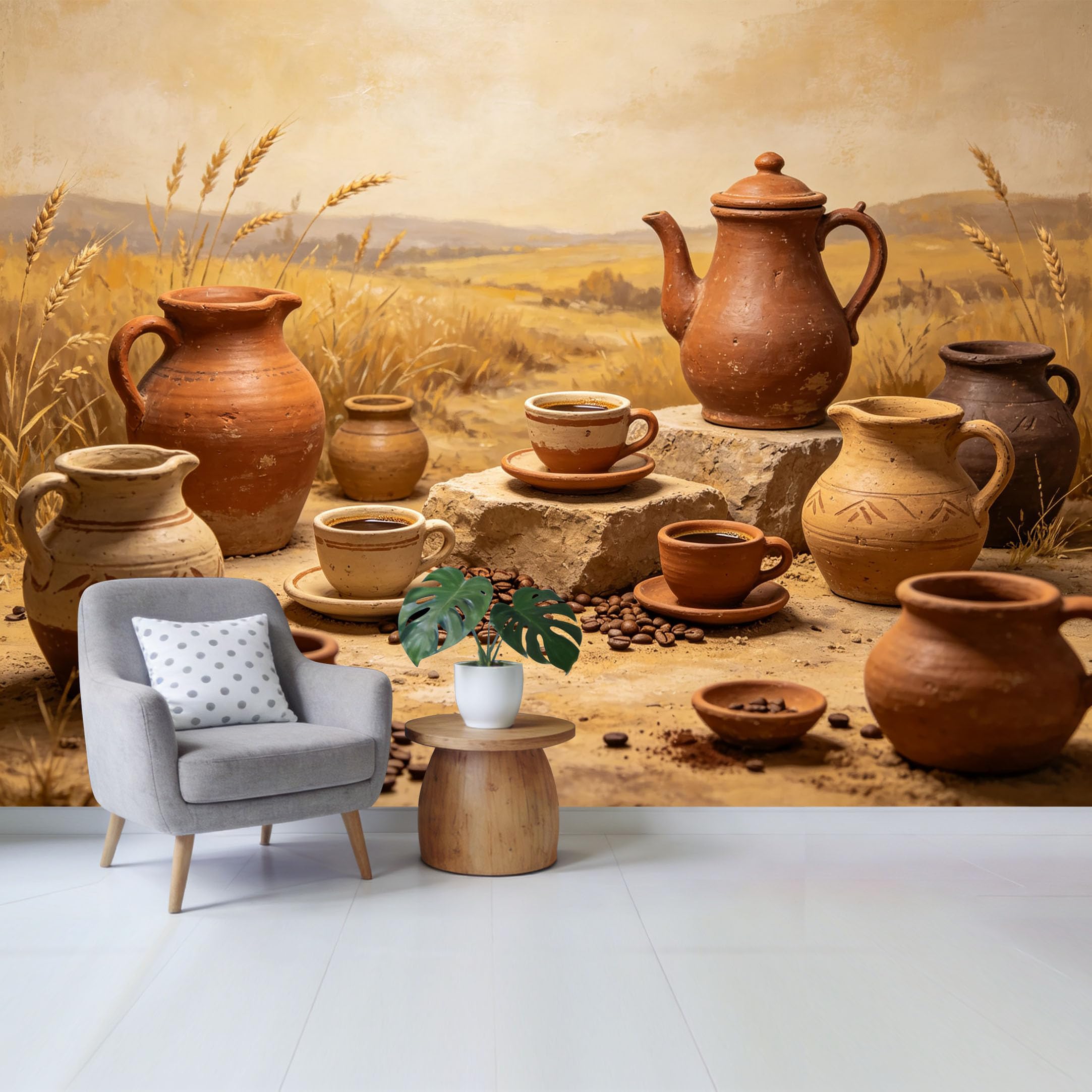 Qzlithotic Yq2605250689 Custom Size Wall Mural Rustic Clay Pottery Coffee Beans Wheat Field Oil Painting Style Selfadhesive Wall Fabric Removable Wallpaper For Home Office Decor