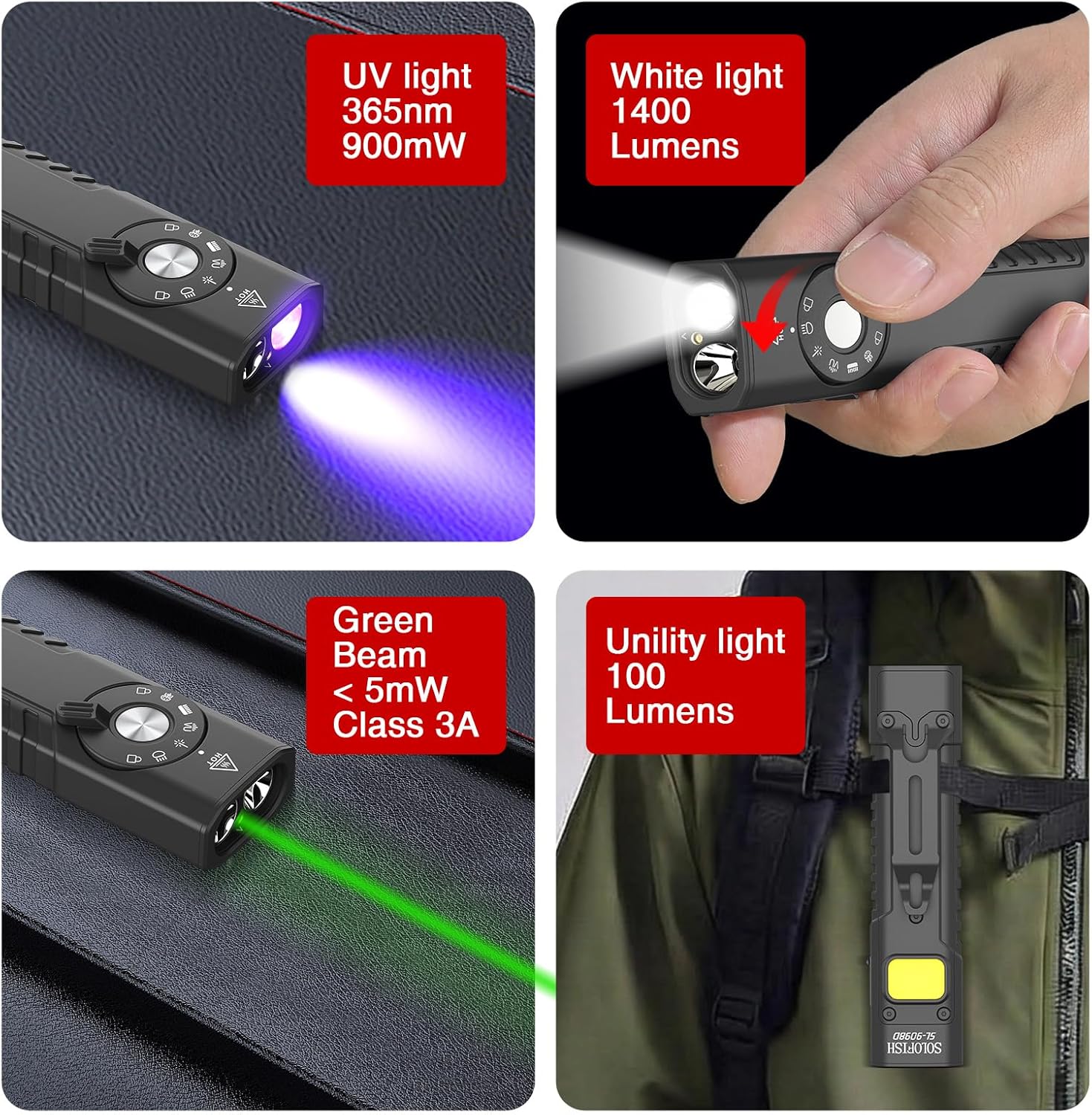 Solofish 1400 Lumens Aluminum EDC Flashlight with Green Beam, UV and 100lm Utility Light Combo, Rechargeable 4-in-1 Portable Pocket Light with Strobe for Emergency