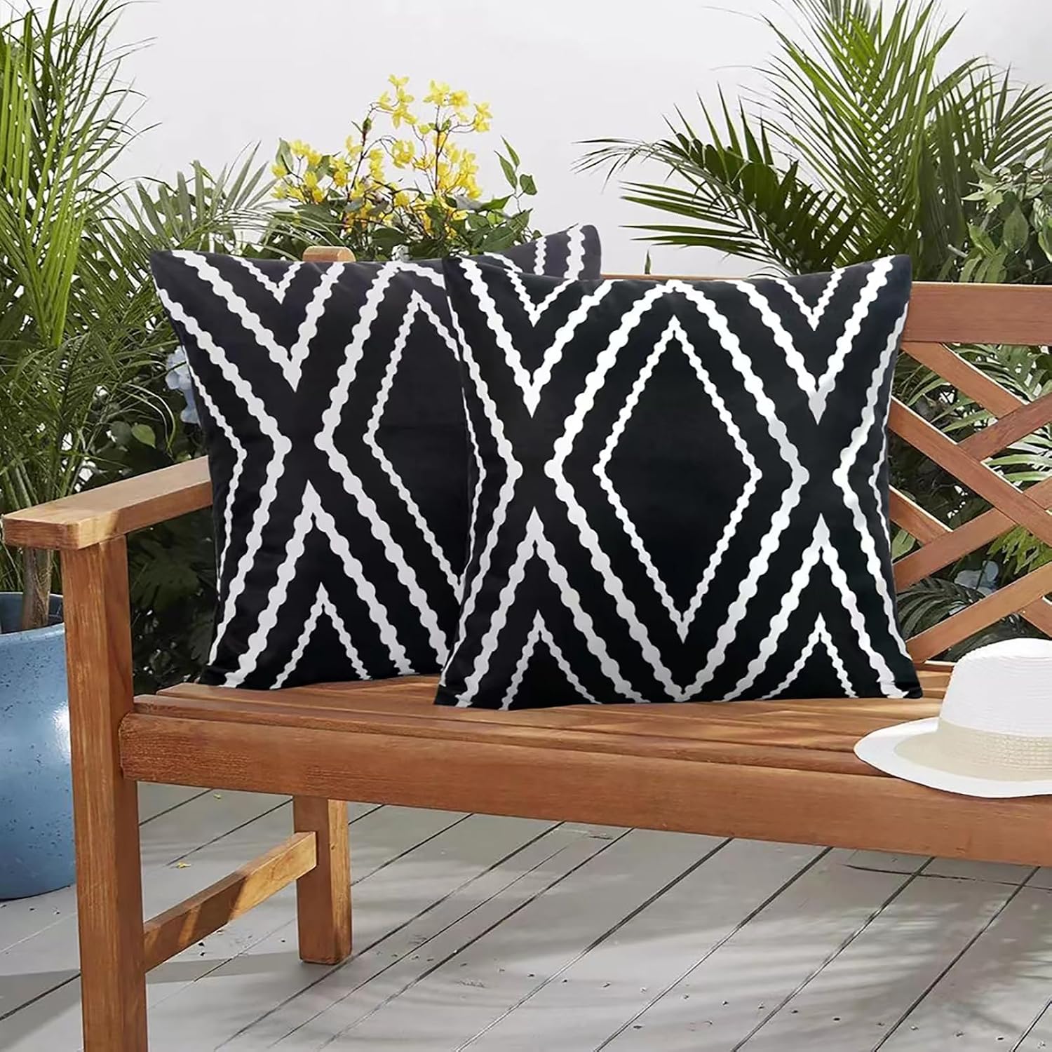 Adabana Outdoor Waterproof Throw Pillow Covers Set of 2 Boho Geometric Pillows Cover for Patio Garden 18 x 18 Inch Black and White