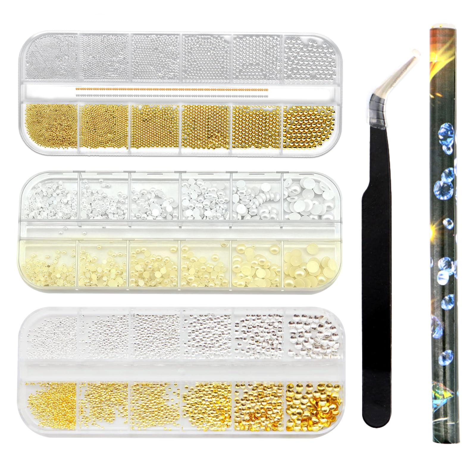 Scettar 3er Set Nailart Perlen,Strasssteine Nägel und Metallkugeln Gold Silber mit 12 Gitter Glitzersteine und Halbperlen 0,6–5mm,Rhinestones Nageldeko Set für 3D Nageldesign und Nagel Steine DIY