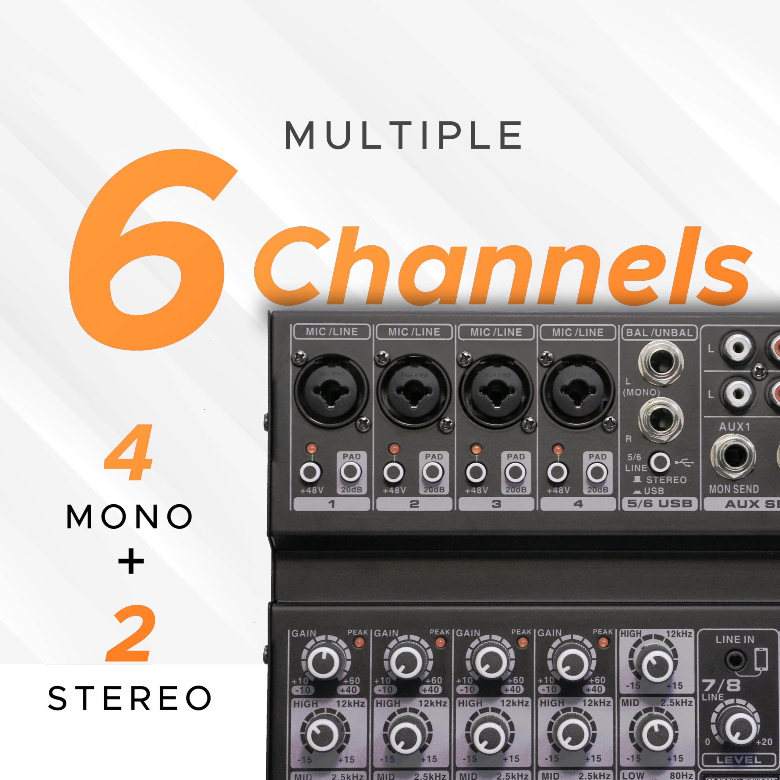 DIGIMORE 6 Channel Audio Mixer with Interface, 32 DSP Bluetooth DJ Mixer Reverb Effect +48V Phantom For Karaoke Studio Streaming Recording (D-246) - Image 3 thumbnail