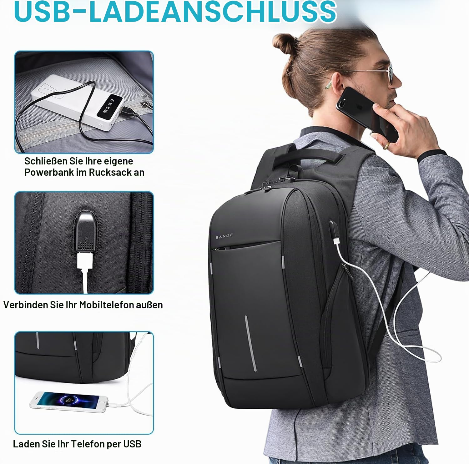 BANGE Anti-Diebstahl Laptop Rucksack, Schwarz | Anti-Diebstahl Schnalle, Reißverschluss Tasche, Für Männer und Frauen，15,6-Zoll-Laptop-Fach