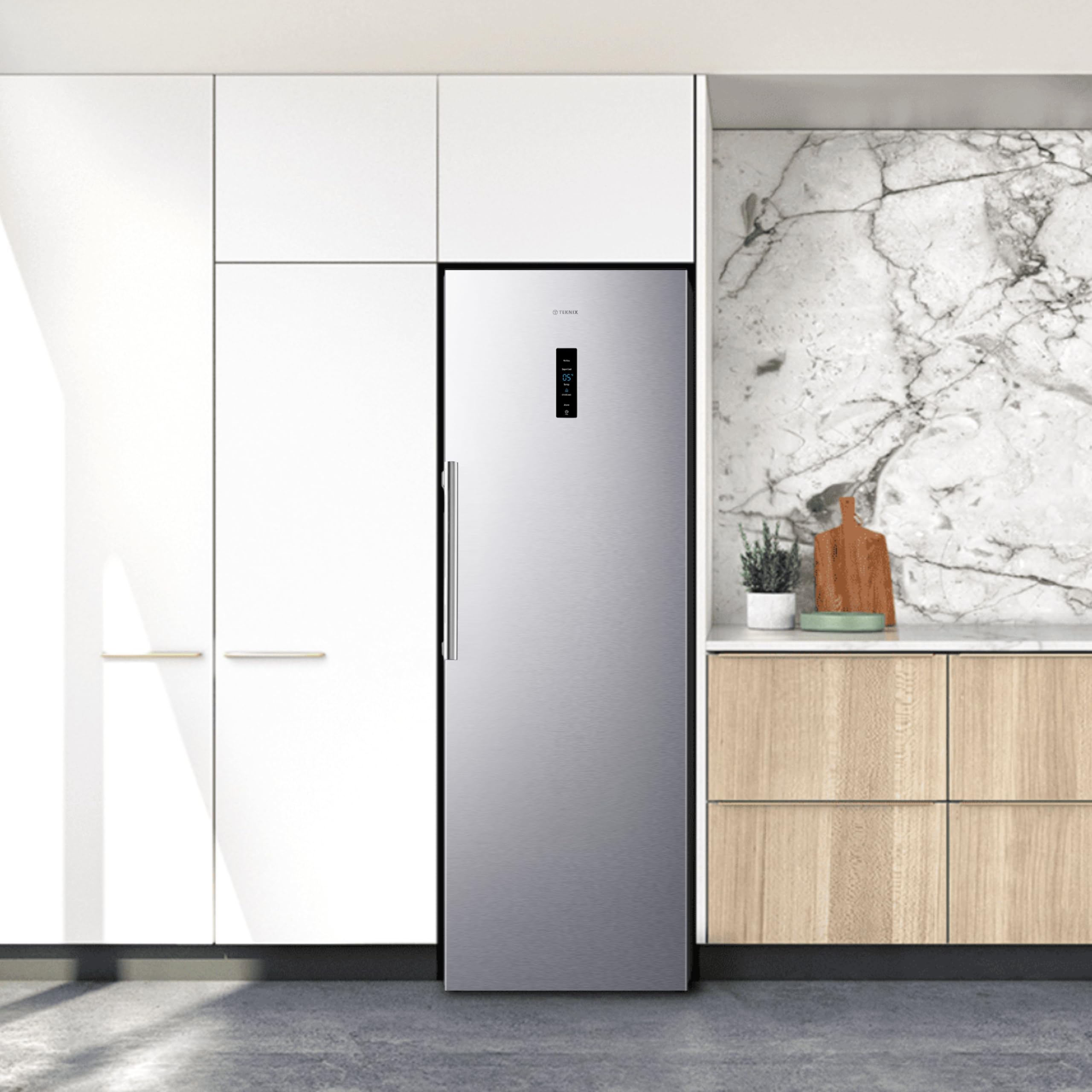 Teknix TH60TLX 60cm Freestanding Tall Larder Fridge - 370L Capacity - Metal Tech Cooling - Chrome Wine Rack - Stainless Steel - E Rated, H185.5 x W59.5 x D65.1 (cm) - 5
