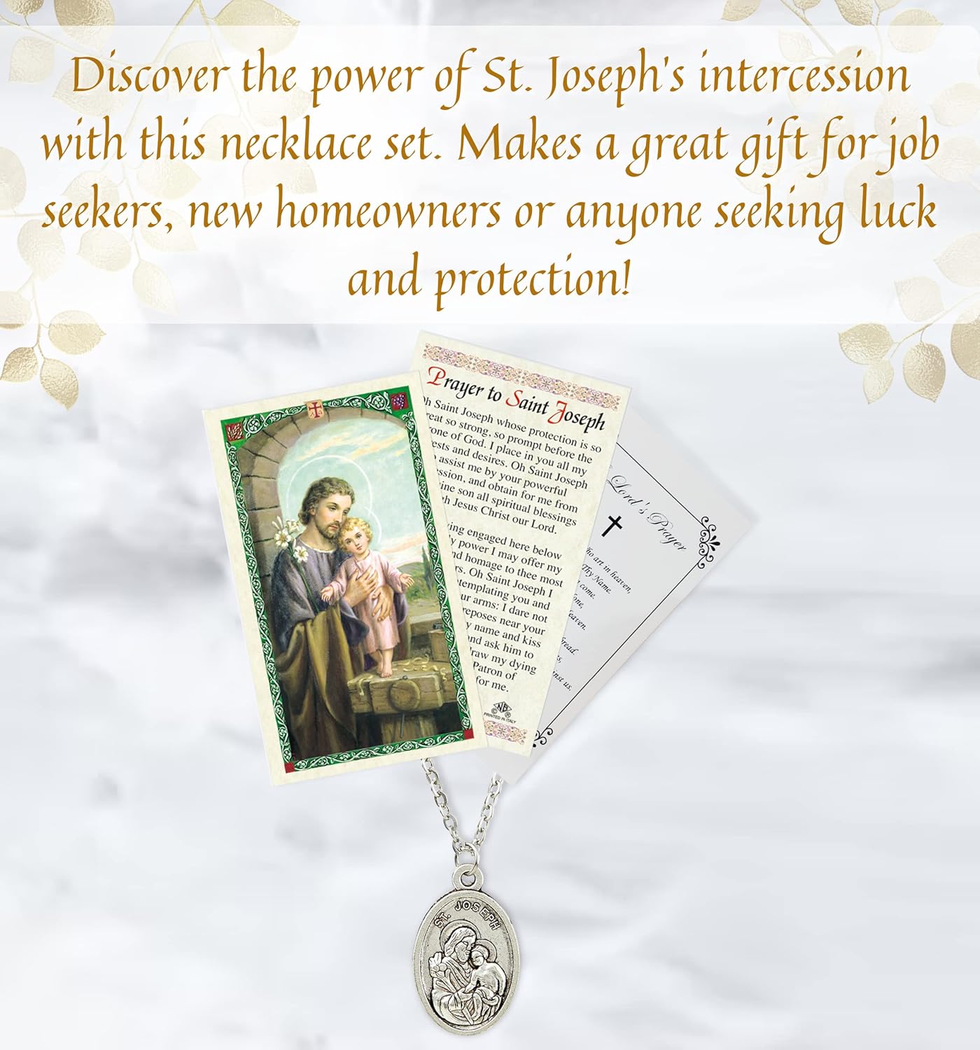 St Joseph Medal - with St Joseph Prayer Card, The Lord's Prayer | Saint Joseph Necklace Jewelry | Catholic Patron Saint Of Families, Fathers, Expectant Mothers, Carpenters Set, Total 4 Items - Image 2