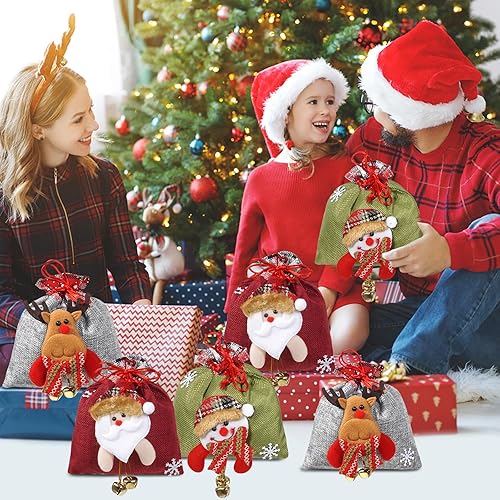 Miniatura 4 de SHANGRLA Bolsas de regalo de muñeca con cordón de Navidad con diseños de muñeco de nieve, renos, Papá Noel, oso  Bonitas bolsas de regalo de tela de