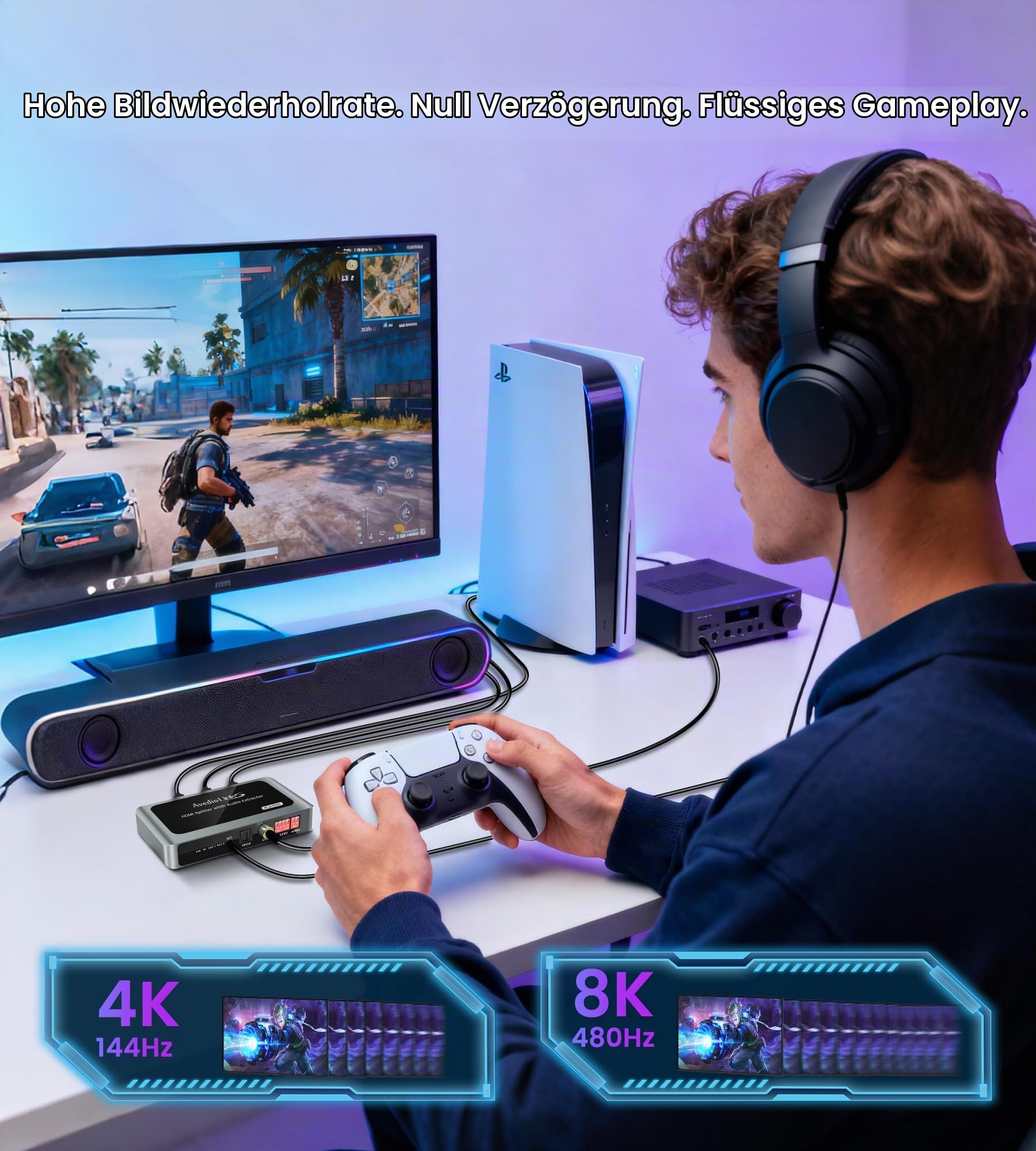 HDMI Audio Extractor 8K@60Hz Splitter 1 In 2 Out mit Audio Out, HDMI zu 2X hdmi + Toslink SPDIF + Koaxial + 3,5mm, unterstützt Dobly Atmos 7.1, DTS, HDCP 2.3, Down Scaler, ideal für TV, PS5, Soundbar