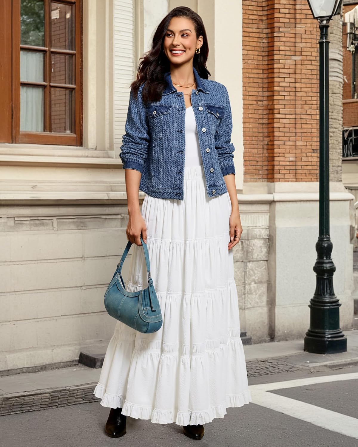 luvamia Jean Jacket Women Trendy Texture Distressed Button Down Long Sleeves Casual Trucker Denim Jackets with Pockets - Image 7