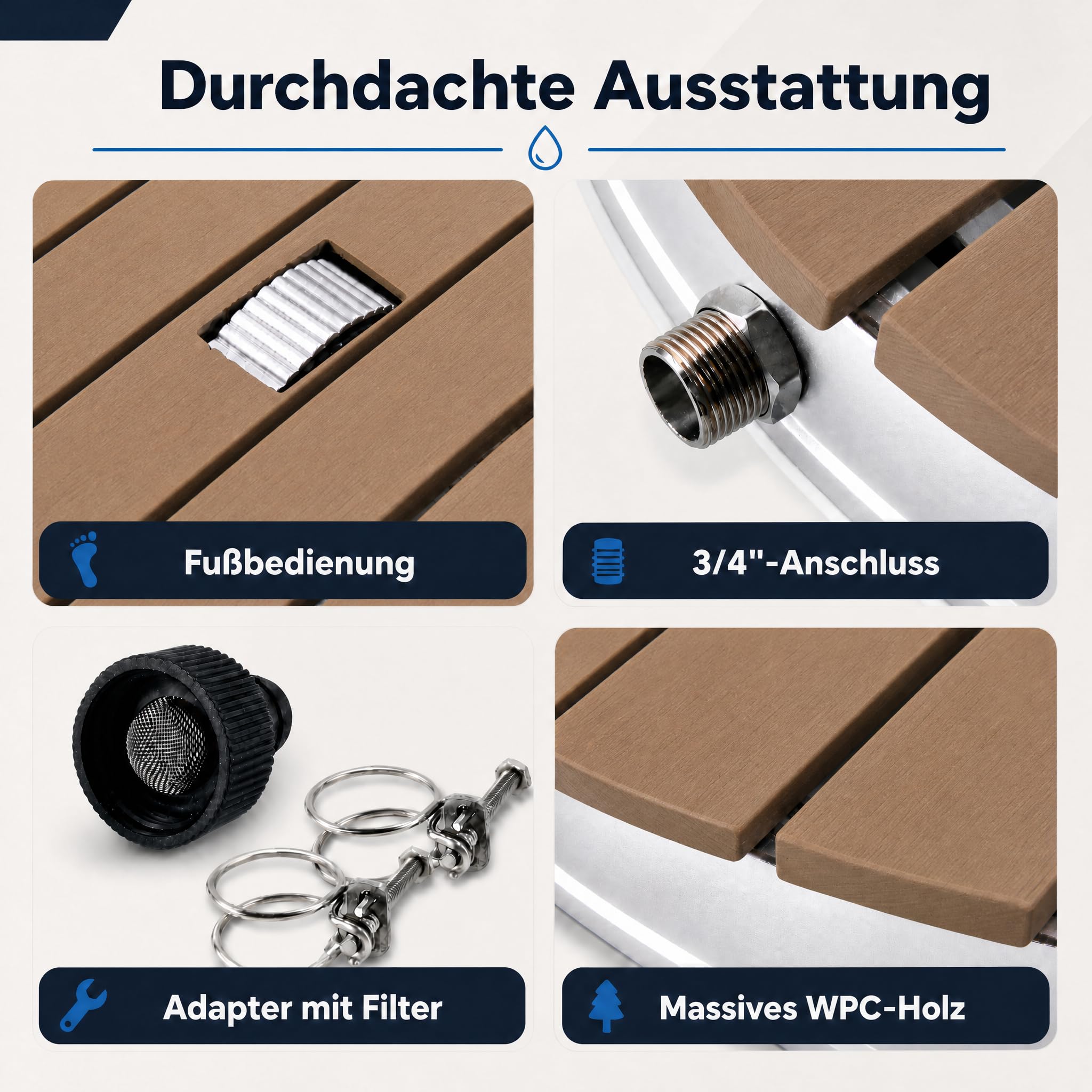@tec Gartendusche, Ø 70 cm, Höhe: 7,5 cm, Bodendusche für Garten, Pool & Camping, WPC-Bodenplatte mit 18 Fontänen, Fußventil mit Stellrad, 3/4-Zoll Schlauchanschluss, mobil