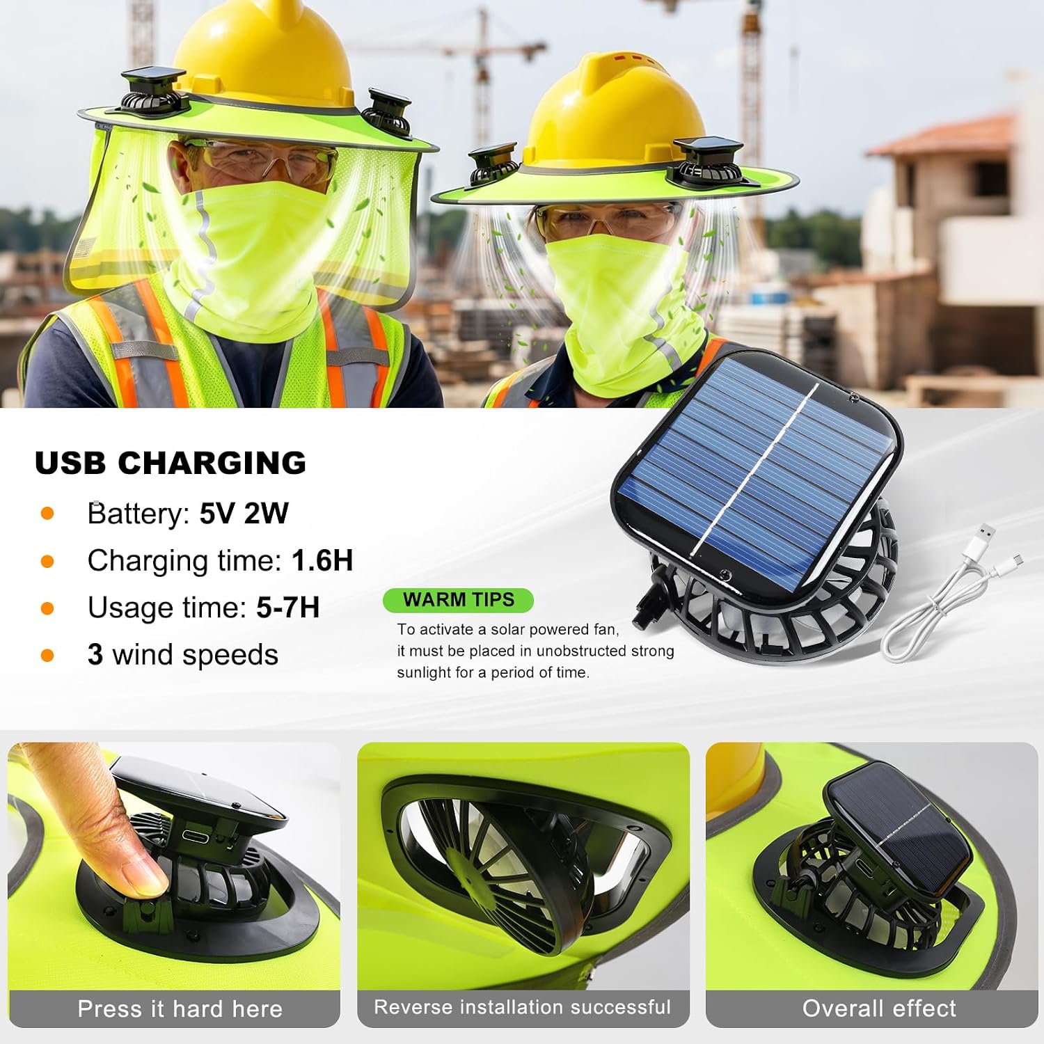 1 Set Hard Hat Sun Shade with Dual Solar Fan, Detachable Hard Hat Visor Full Brim with Neck Protection, High Visibility Mesh Hardhat Sun Shield Reflective Strip for Construction Workers (Yellow)