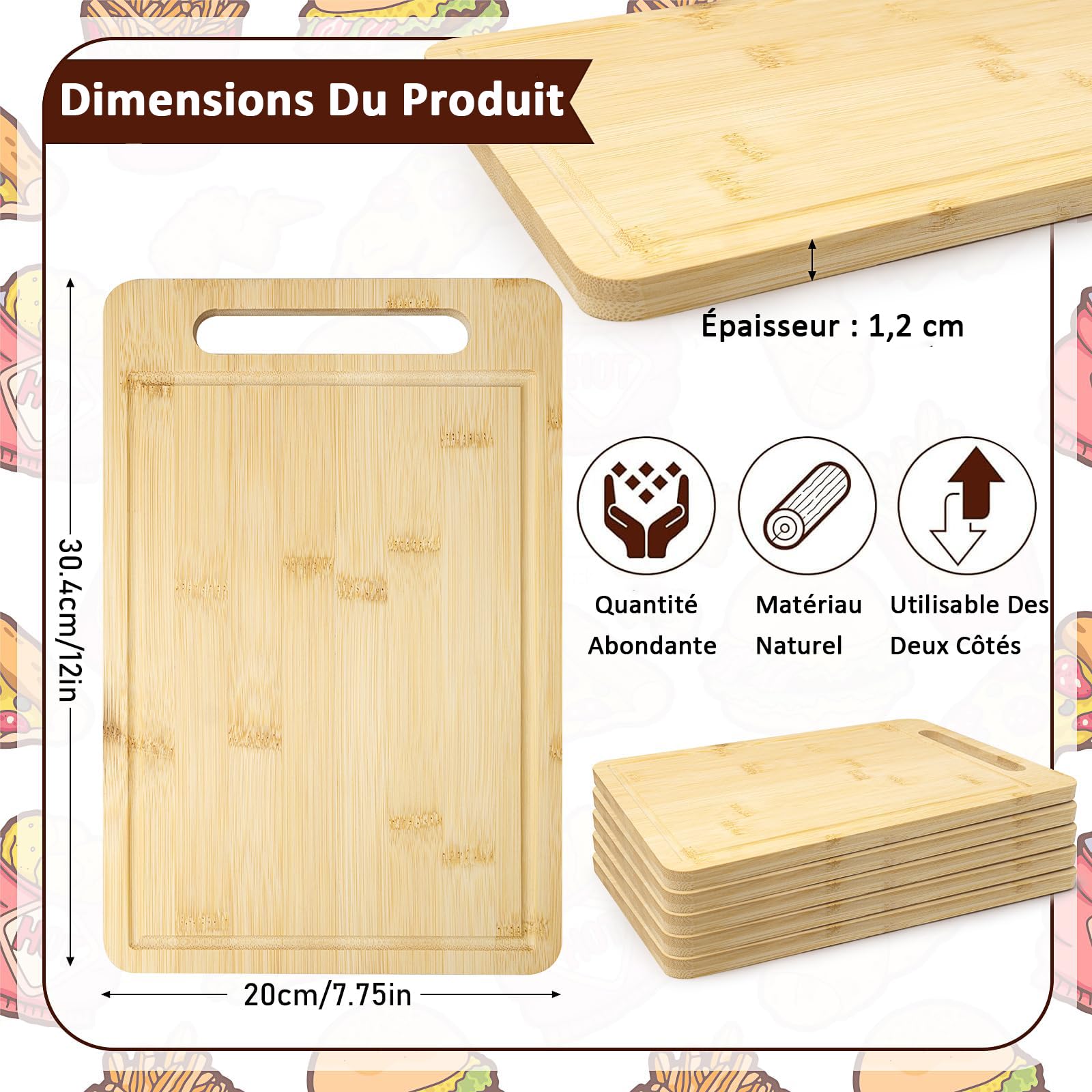 Lot de 5 Planches à Découper en Bambou 30,4 x 20 cm, Planches de Cuisine avec Poignée et Rainure à Jus, Plateaux Apéro Personnalisables pour Gravure Laser et Pyrogravure, Épaisseur 1,2 cm