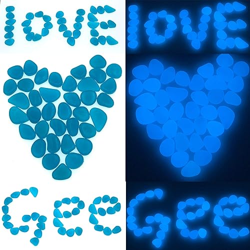 Miniatura 2 de QTTLLI 100 piedras brillantes que brillan en la oscuridad, piedras decorativas para jardín, camino, pasarela, patio, pecera, color azul
