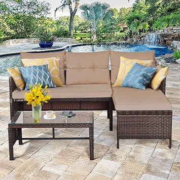 RELAX4LIFE 3-Piece Patio Furniture Set, Outdoor Wicker Sectional Sofa Set w/Washable Cushion, Tempered Glass Coffee Table, Rattan Conversation Set Outdoor Couch for Garden Backyard Deck Brown