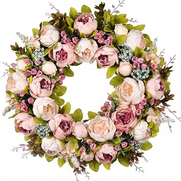 Front Door Wreath, 22 Inch Spring Wreath Handmade Peony Rose Door Summer Wreaths for Outdoor Front Door, Wall and Window Decor