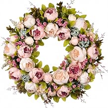 Front Door Wreath, 22 Inch Spring Wreath Handmade Peony Rose Door Summer Wreaths for Outdoor Front Door, Wall and Window Decor