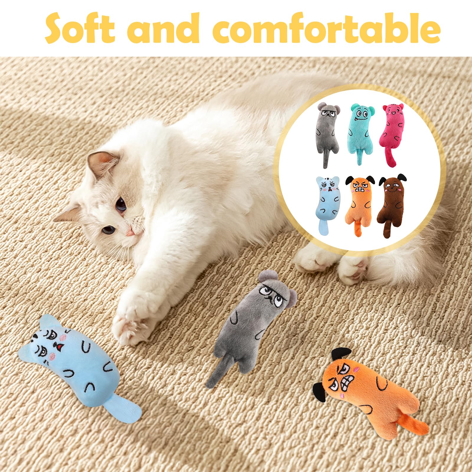 chanyi9588 6Pcs Catnip Toys for Cats,Cat Toys,Crinkle Kicker Plush Toys with Funny Cartoon Faces for Indoor,Plush Chew Teeth Cleaning Toy for Teething,Chewing,Interactive Play and Boredom Relief - Image 4
