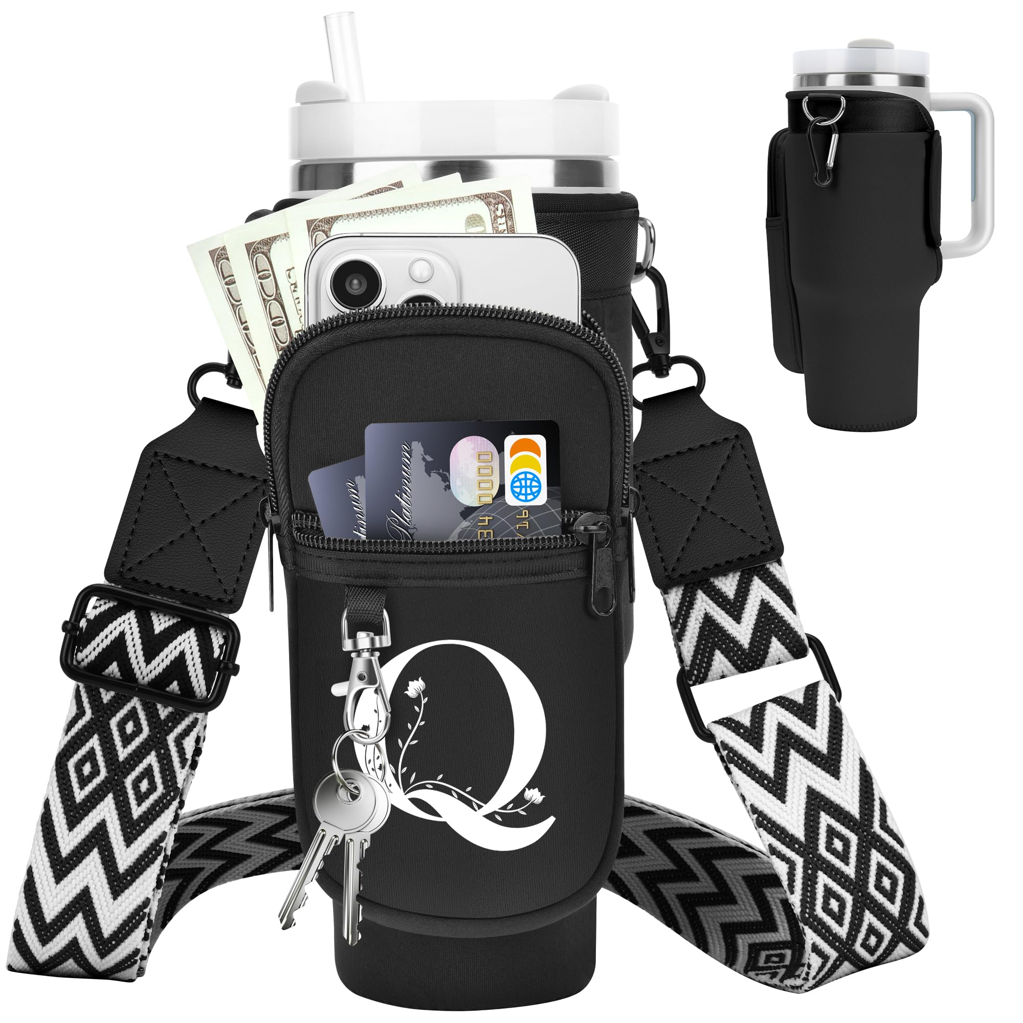 Initial Water Bottle Holder with Strap for Stanley Cup 40 oz Tumbler