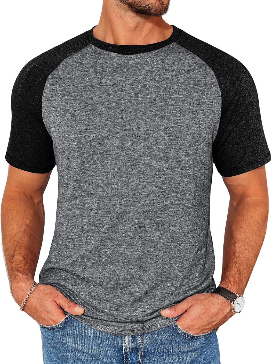 Runcati Mens Casual Slim Fit T Shirts Raglan Short Sleeve Crewneck Baseball Tees Color Block Workout Fashion Shirt