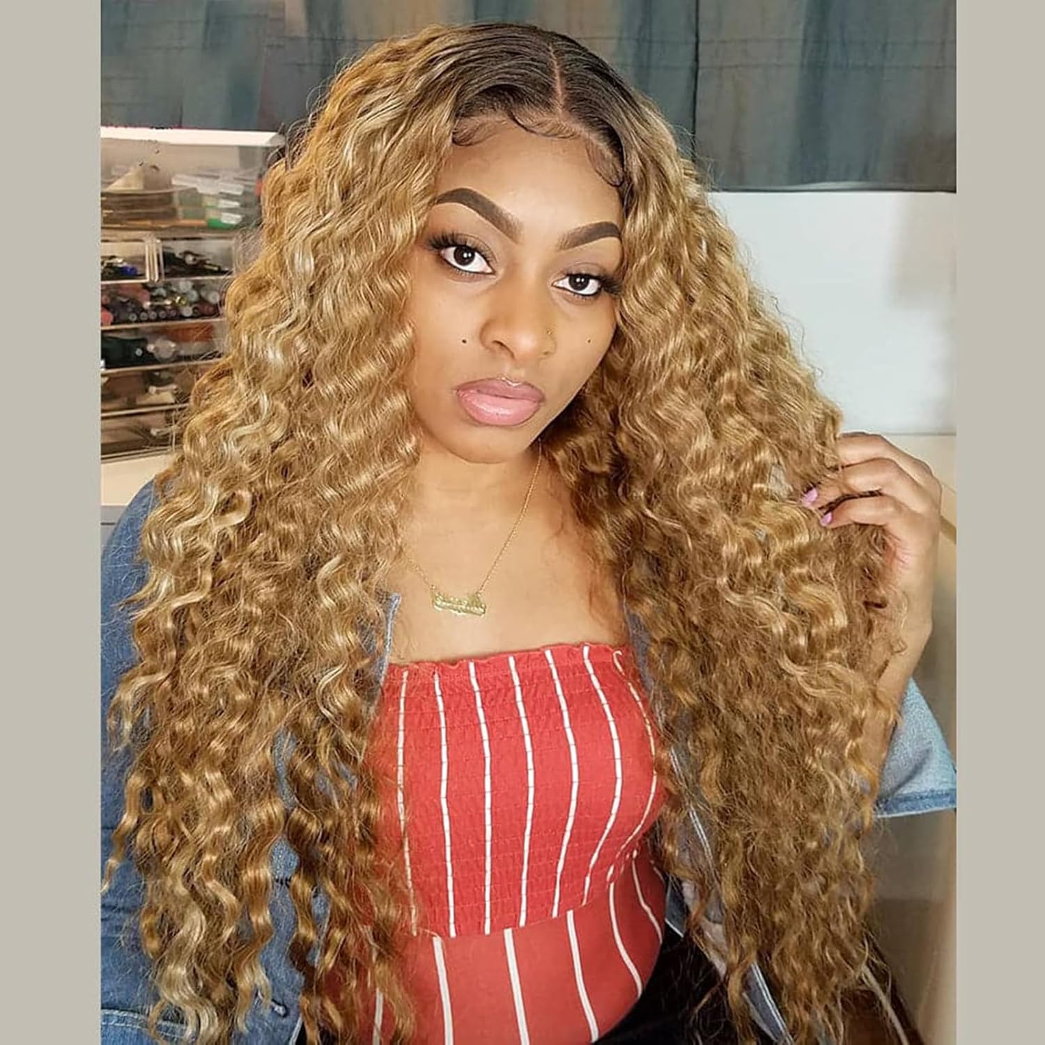 Curly Human Hair Wig Omber T 27 Lace Frontal Closure Deep Curly Human Hair Wig Pre Plucked Pre Cut Lace Frontal Closure Glueless Wigs Elastic Band 200% Density