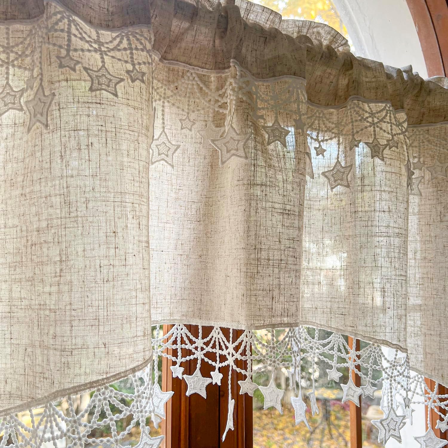 Short Curved Curtain Star Lace Bottom Curtain (Beige,W39 X L26 in)