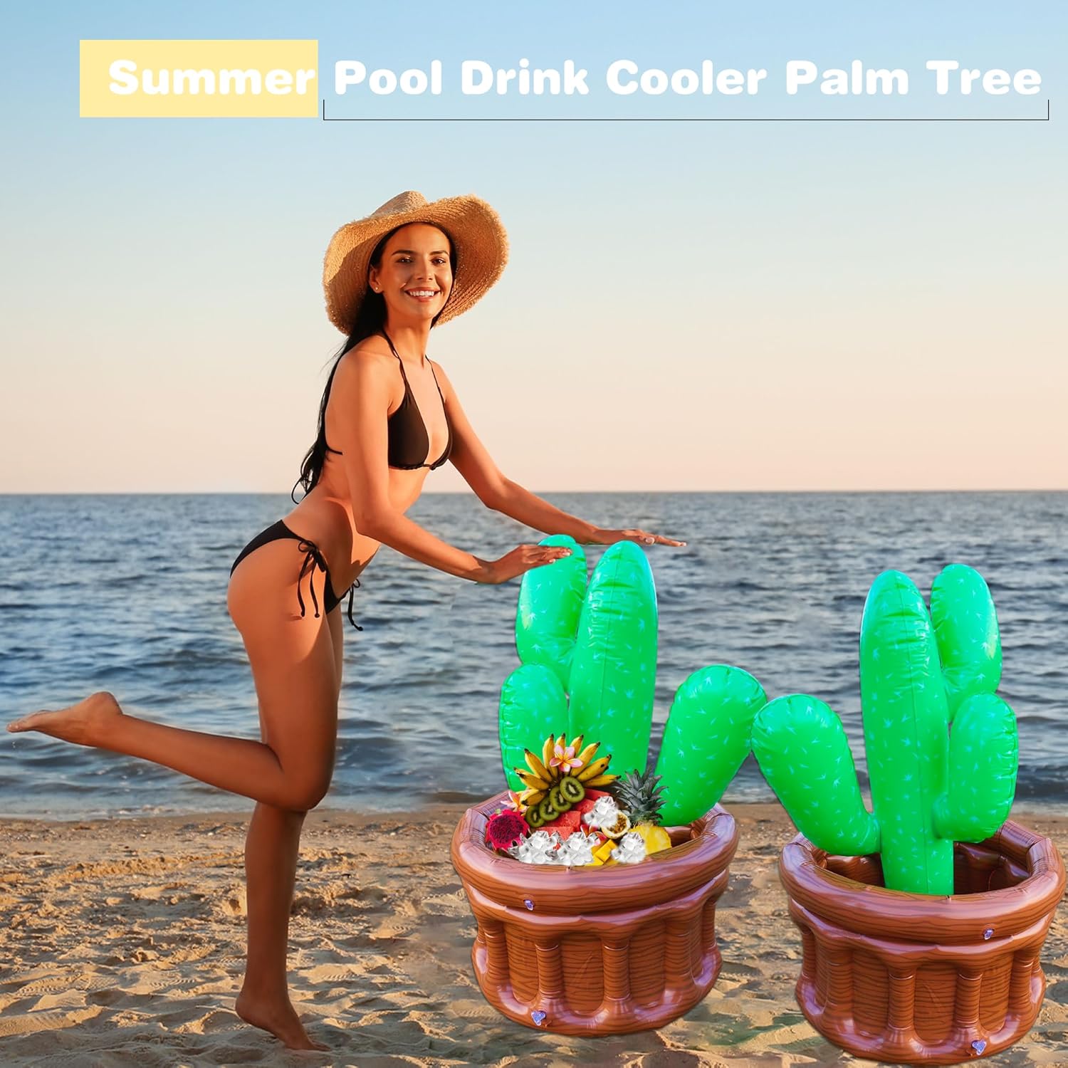 2 Pack 28 Inch Inflatable Cactus Drink Cooler Large Giant Blow Up Inflatable Drink Containers for Parties Western Fiesta Party Supplies Decorations