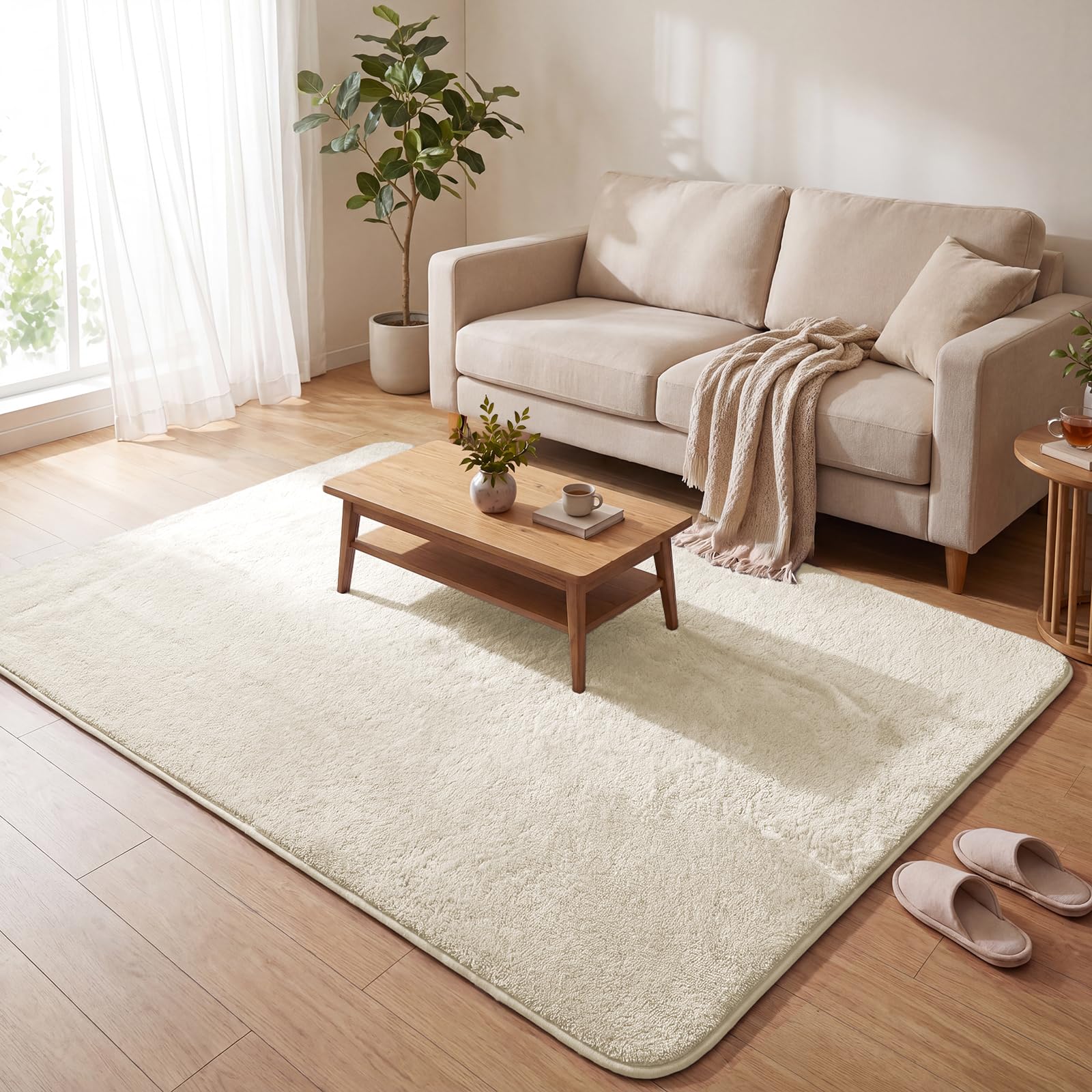 VOUNOT® Fluffy Rugs for Living Room and Bedroom, Soft Shaggy Floor Carpets with Non Slip Backing & Extra Underlay, Machine Washable, Large Area Rug, Modern & Cosy Home Decor, 160x230cm, Beige