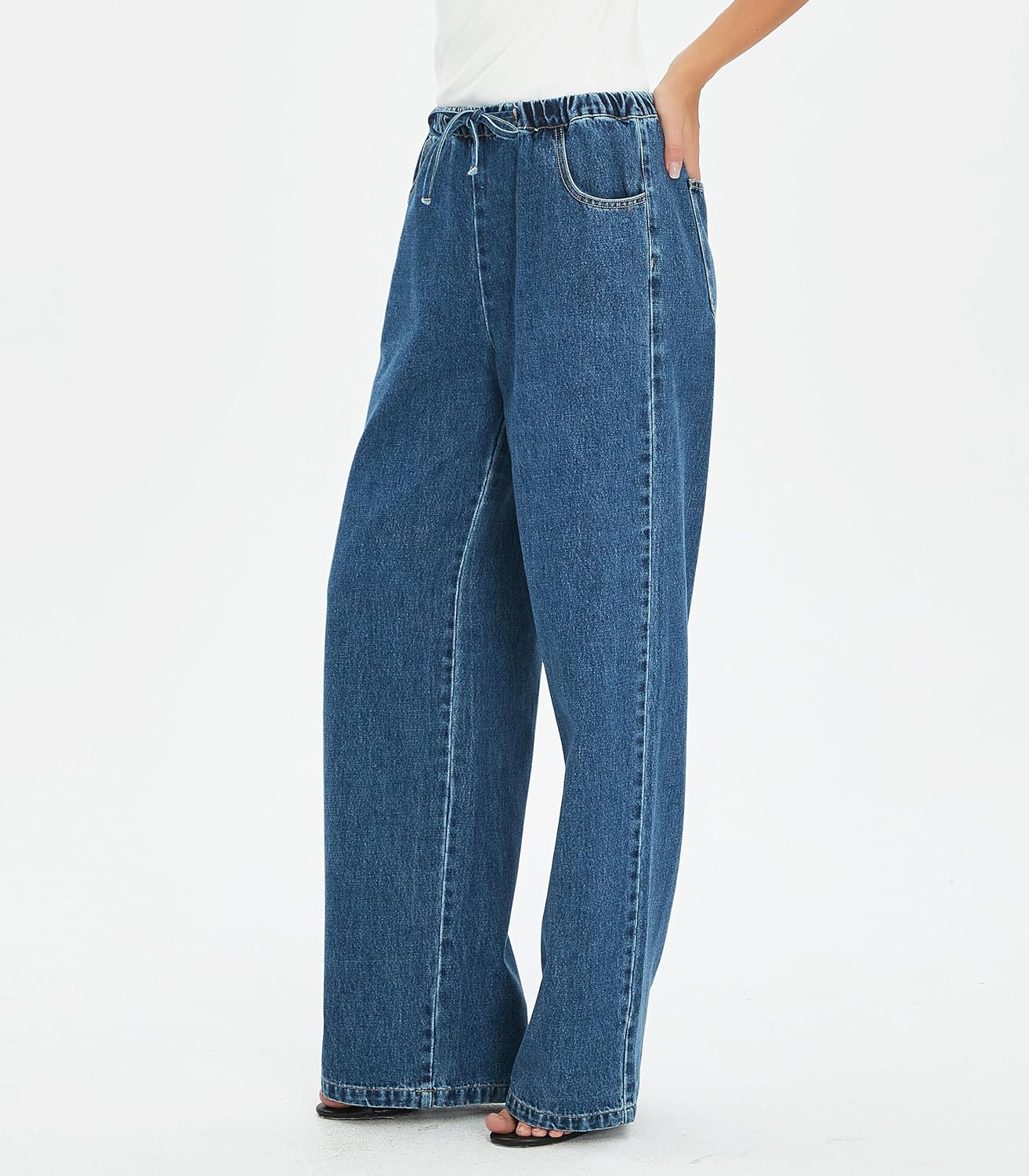 Wide Leg Jeans for Women High Waisted Elastic Waist Trendy Pull On Jeans with Drawstring - Image 2