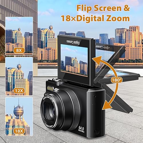 Miniatura 4 de Cámara digital 4K para fotografía, cámara de vlogging 4K 64MP para YouTube con pantalla abatible de 180 de 3 pulgadas, cámara WiFi compacta con zoom