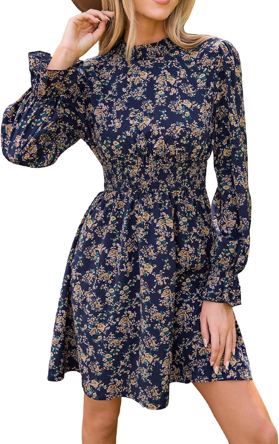 CUPSHE Women's Mock Neck Floral Mini Fall Dress Long Ruffle Sleeve Elastic Waist Smocked Casual Flowying Mini Dresses