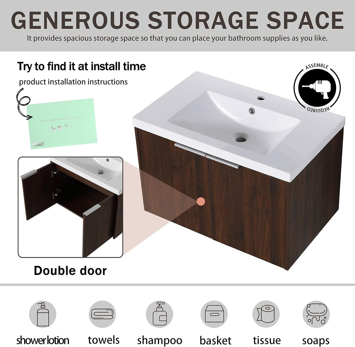30" Bathroom Vanity with Sink, 30 Inch Modern Floating Vanity, Single Sink Vanity Cabinet Combo, Brown Wall Mounted Storage Cabinet Set with Soft-Closing Doors (CAW, 30''W x 18''D)