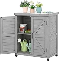SoliWood Outdoor Storage Cabinet & Potting Bench Table with Metal Top - Grey Cedar Wood Garden Workstation 36x31x17in