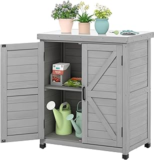 Outdoor Storage Cabinet & Potting Bench Table with Metal Top, Wooden Patio Furniture, Garden Workstation (Classic Grey, 36x31x17in)