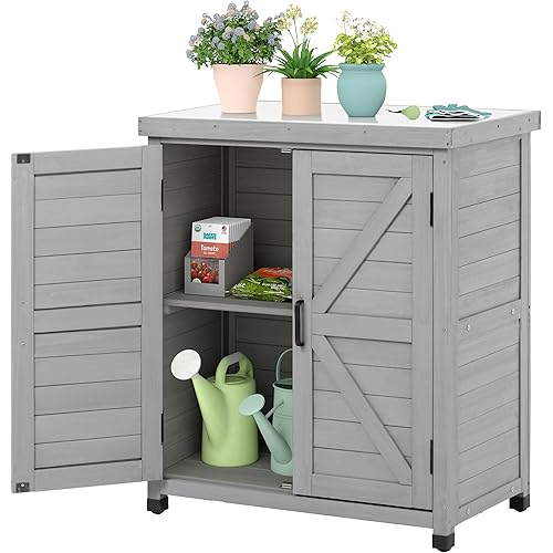 Outdoor Storage Cabinet & Potting Bench Table with Metal Top, Wooden Patio Furniture, Garden Workstation (Classic Grey, 36x31x17in)
