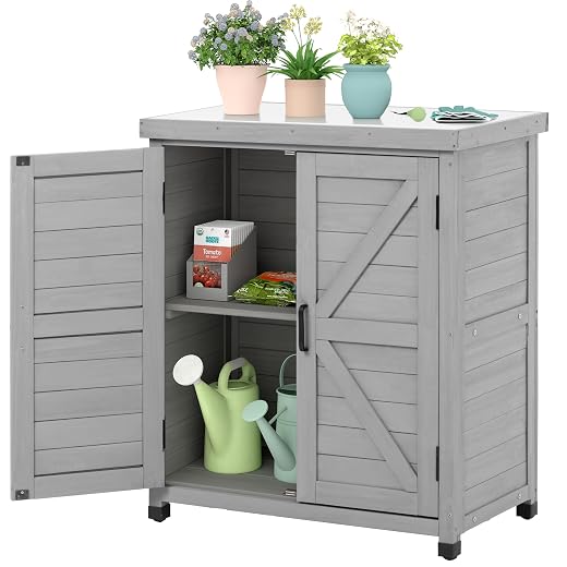 Outdoor Storage Cabinet & Potting Bench Table with Metal Top, Wooden Patio Furniture, Garden Workstation (Classic Grey, 36x31x17in)