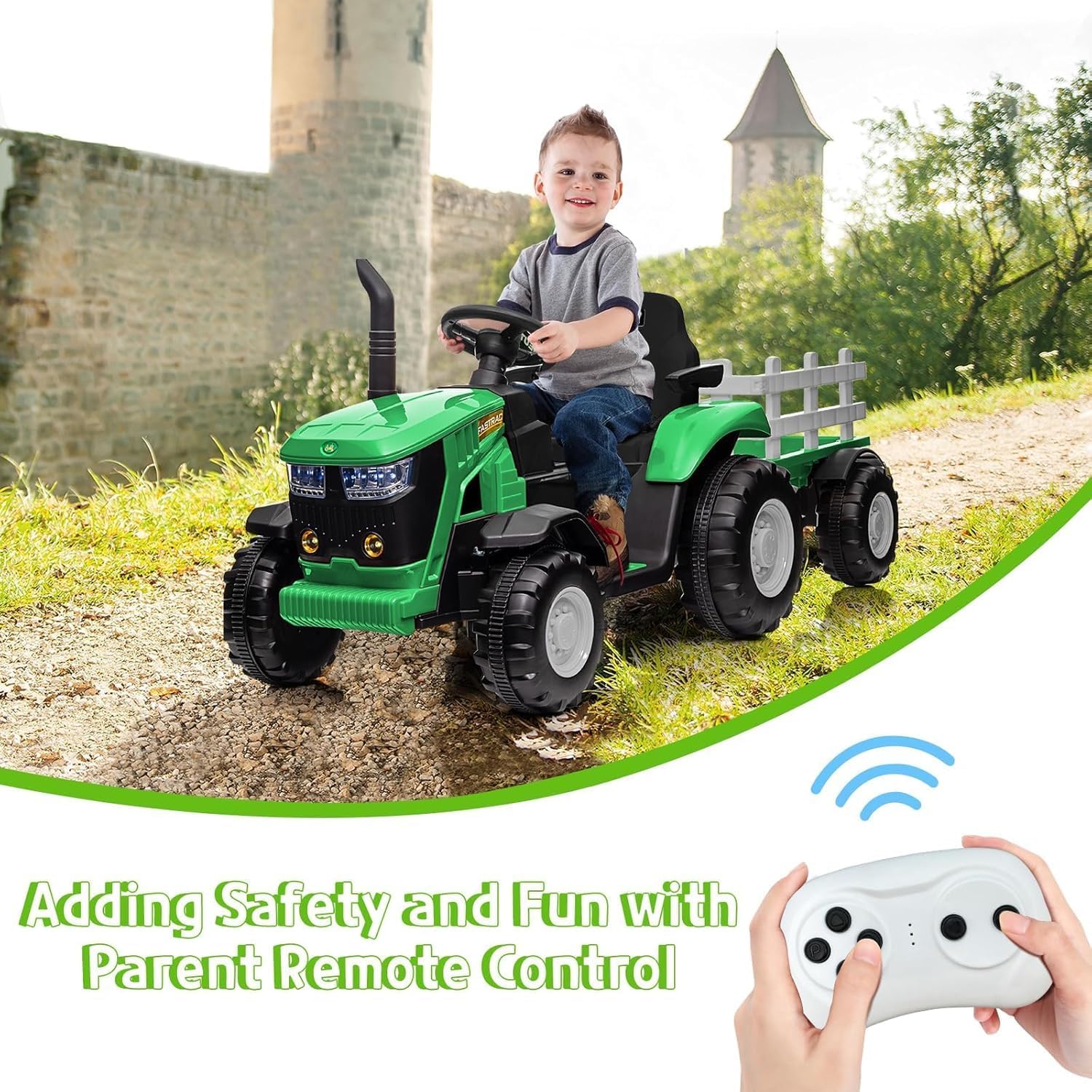 Elektrischer Traktor für Kinder, Grün, Traktor für Kinder, elektrisch, mit abnehmbarem Anhänger, Doppelmotor 35 W, 12 V, 7 Ah, Fernbedienung für Eltern, Musik, LED-Hupe, Traktor, Spielzeug