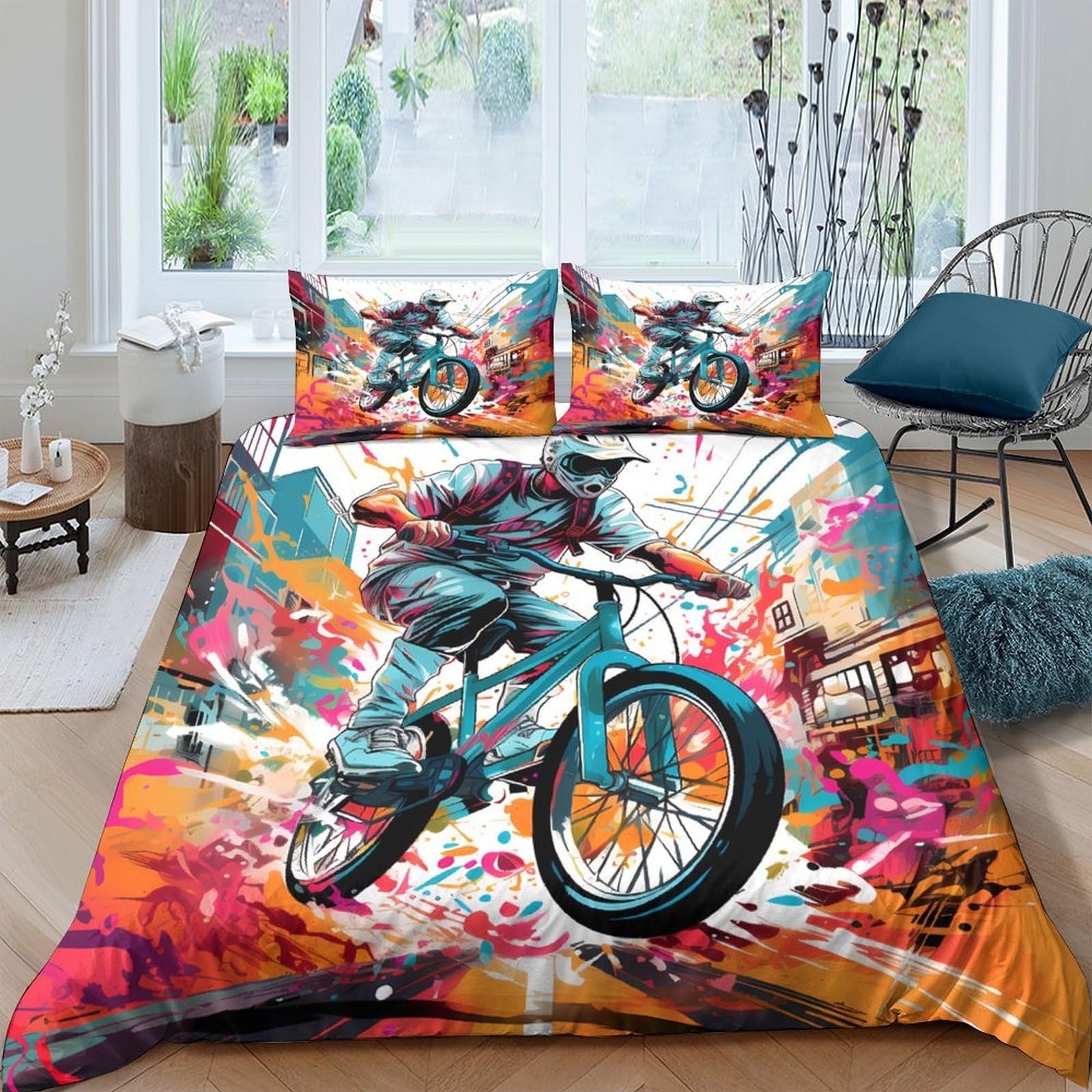 3D Printed BMX Graffiti Duvet Cover Set Microfiber Colourful Urban Street Art Bedding Set with 2 Pillowcases for Bedroom Decor Single（135x200cm）