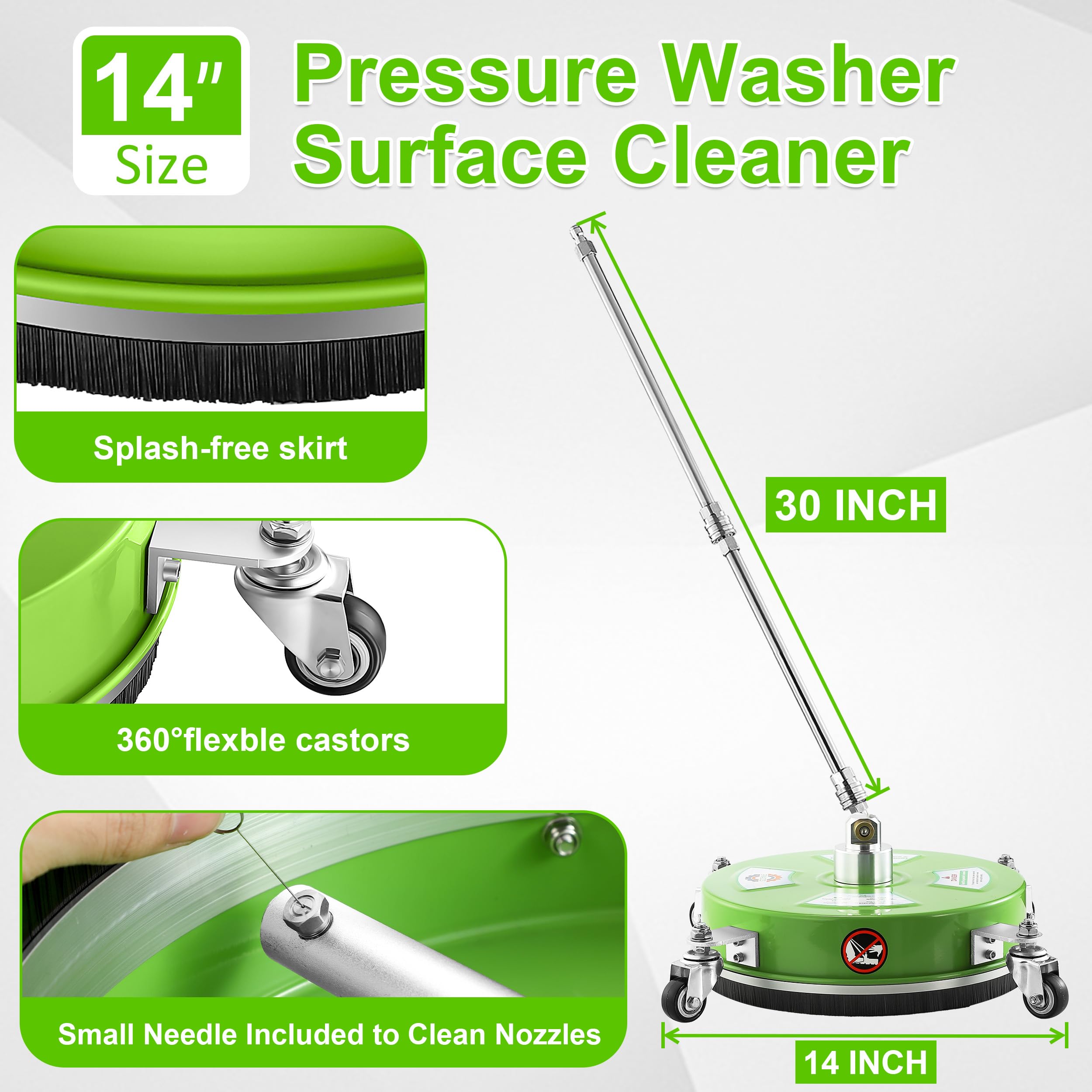 PWACCS Limpiador de superficies de lavado a presión de 14 pulgadas, limpiador de superficies de acero inoxidable para lavadora eléctrica, accesorio de lavadora a presión para limpiar calzadas, patios,