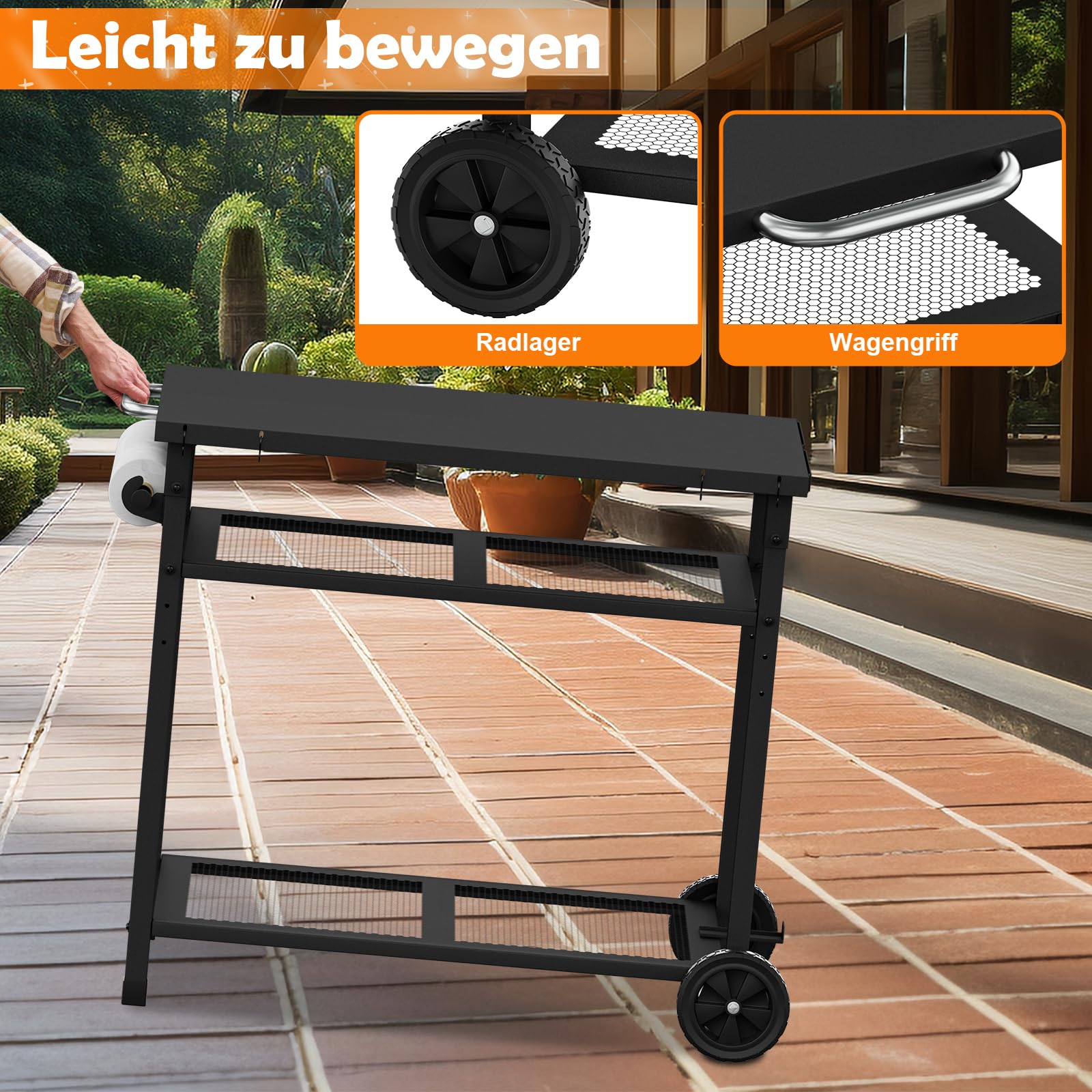 Carro de barbacoa al aire libre - Mesa portátil para horno de pizza con ruedas, mesa de comedor para exteriores con dos estantes de malla para fiestas en casa, camping, exteriores