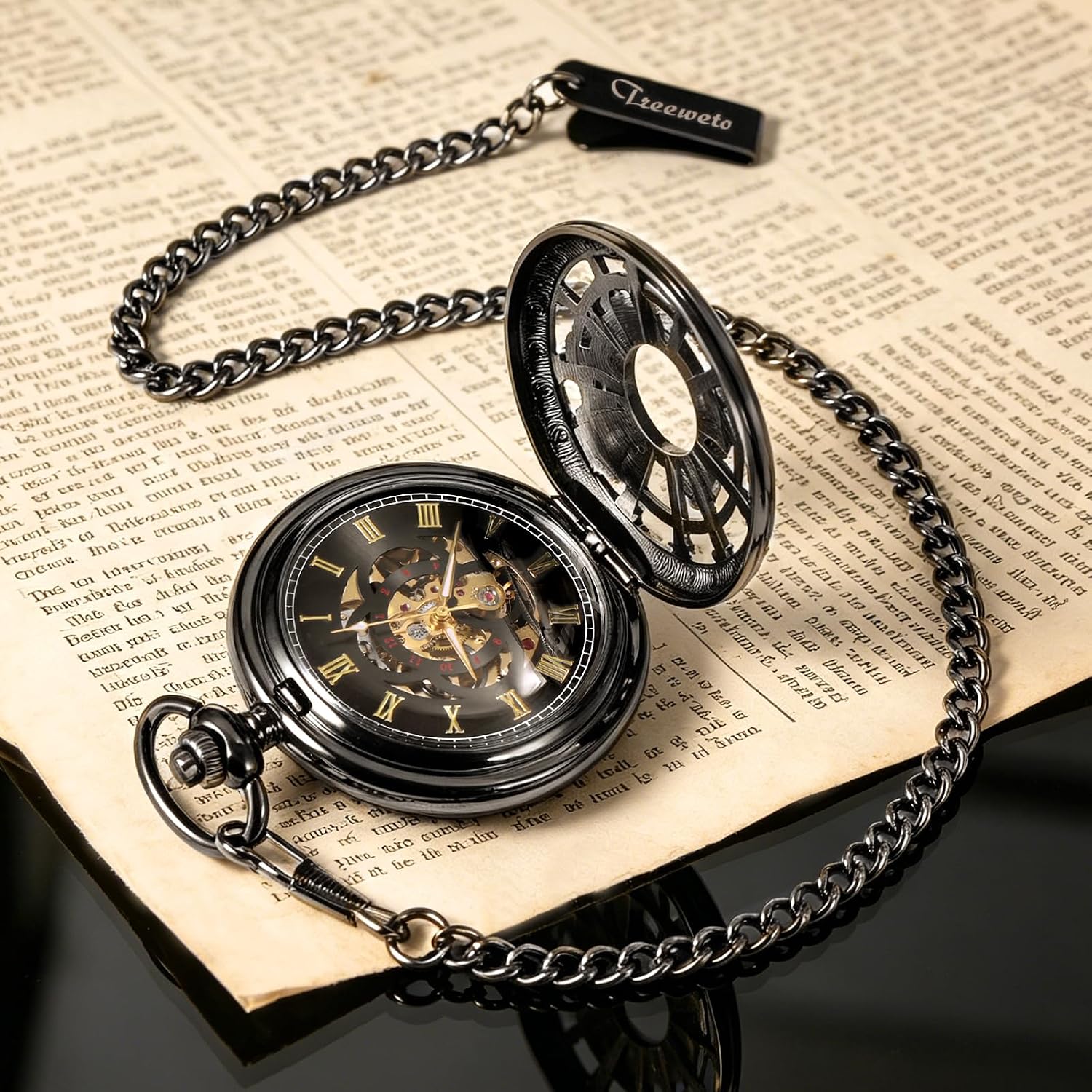 TREEWETO Pocket Watch Classic Smooth Double Case Mechanical Silver Pocket Watches Steampunk Roman Numerals Fob Watch for Men Women with Chain