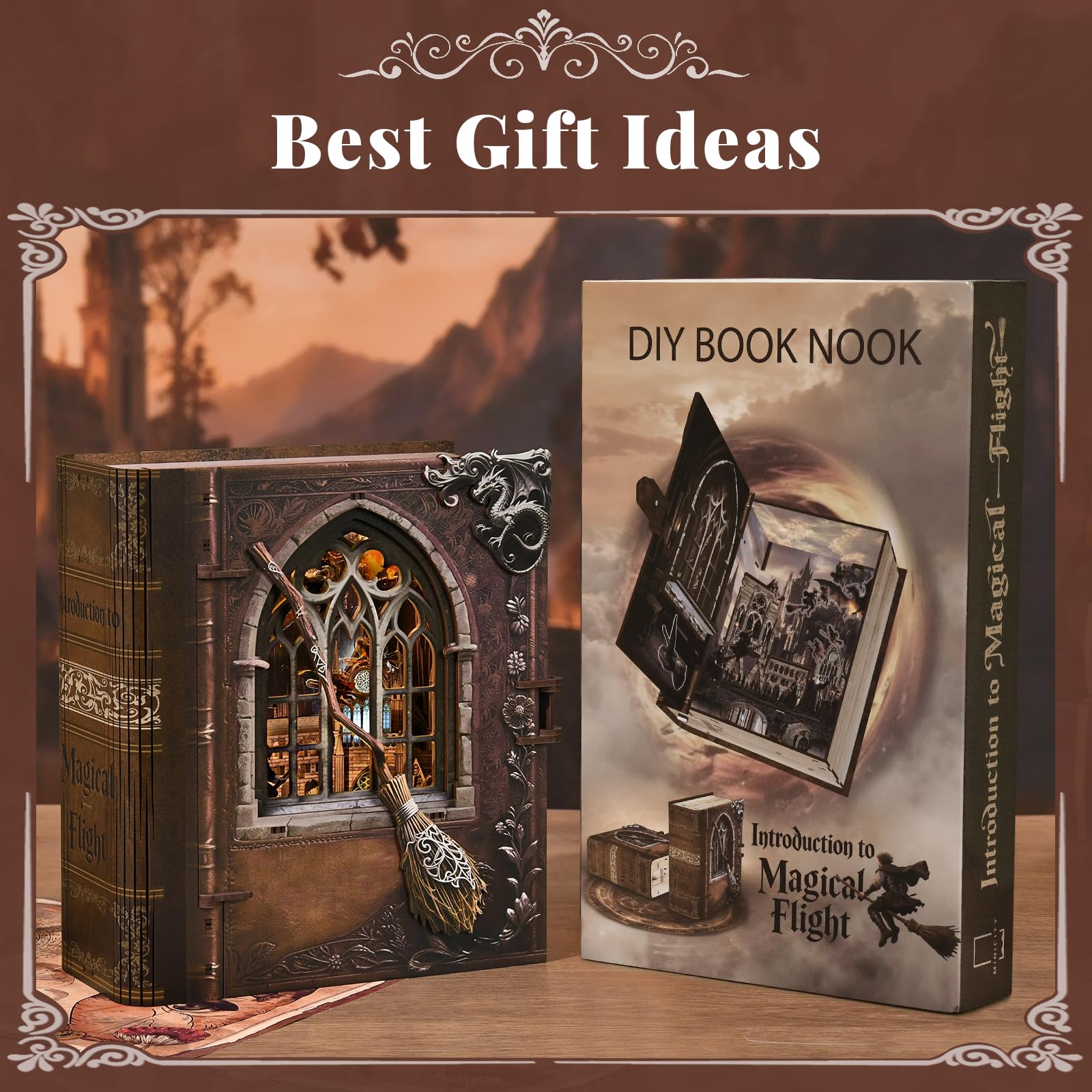 MiniCity Kit Book Nook con luce LED, kit per casa in miniatura per compleanno, puzzle 3D in legno, decorazione per libreria, per adulti, adolescenti, principianti (introduzione al volo magico)