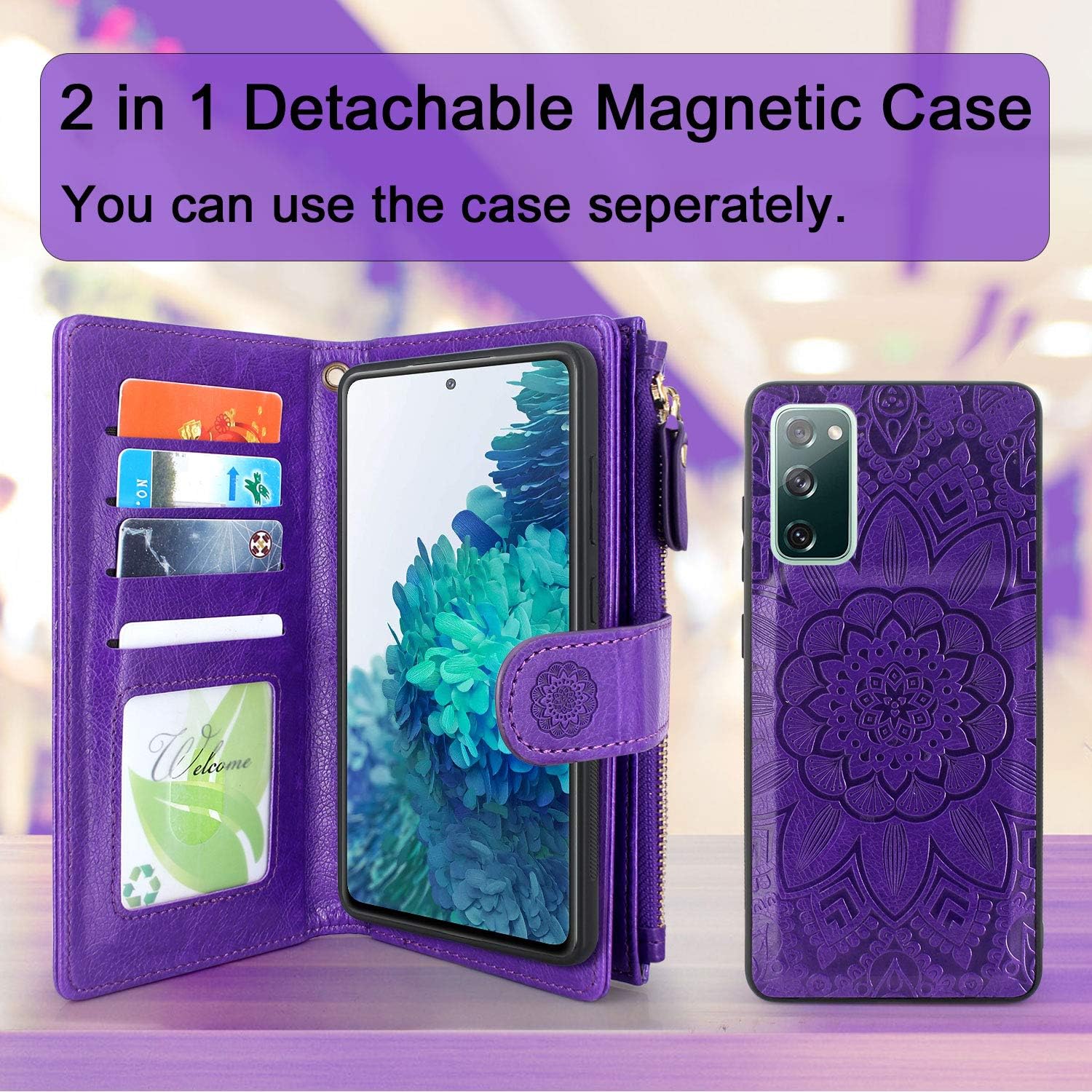 Harryshell Detachable Magnetic Zipper Wallet Leather Case Cash Pocket with 12 Card Slots Holder Wrist Strap for Samsung Galaxy S20 FE 5G (2020) Floral Flower (Purple)