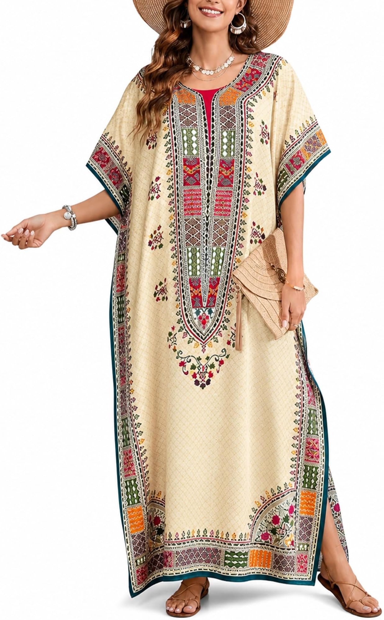 Plus Size Kaftan Long Maxi Kimono for Women, 52" Length, 3/4 Sleeves, Kaftan Nightgown for Women