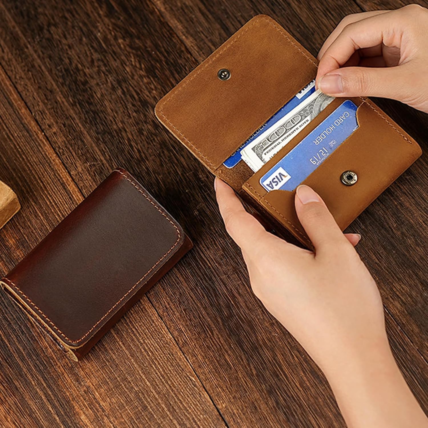 Handmade Leather Credit Card Holder Mini Front Pocket Cardholder Small Business Card Travel Wallets for Men Dark Coffee Color - Image 6