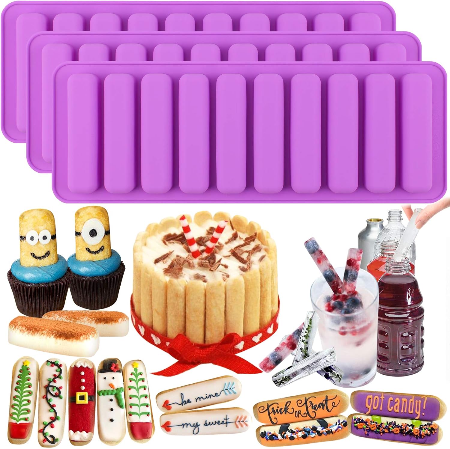 FUNSHOWCASE Rectangular Oblong Chocolate Cracker Bar Stick Block Ice Tube Jelly Tray Cylinder Silicone Candy Mold
