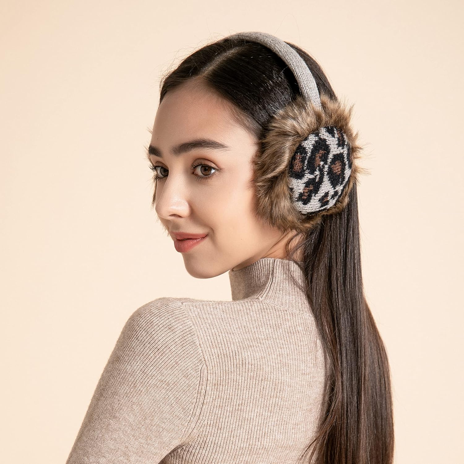 ZLYC Winter Faux Fur Adjustable Earmuffs Cute Knit Fuzzy Ear Muffs for Women Girls (Leopard Gray) - Image 2