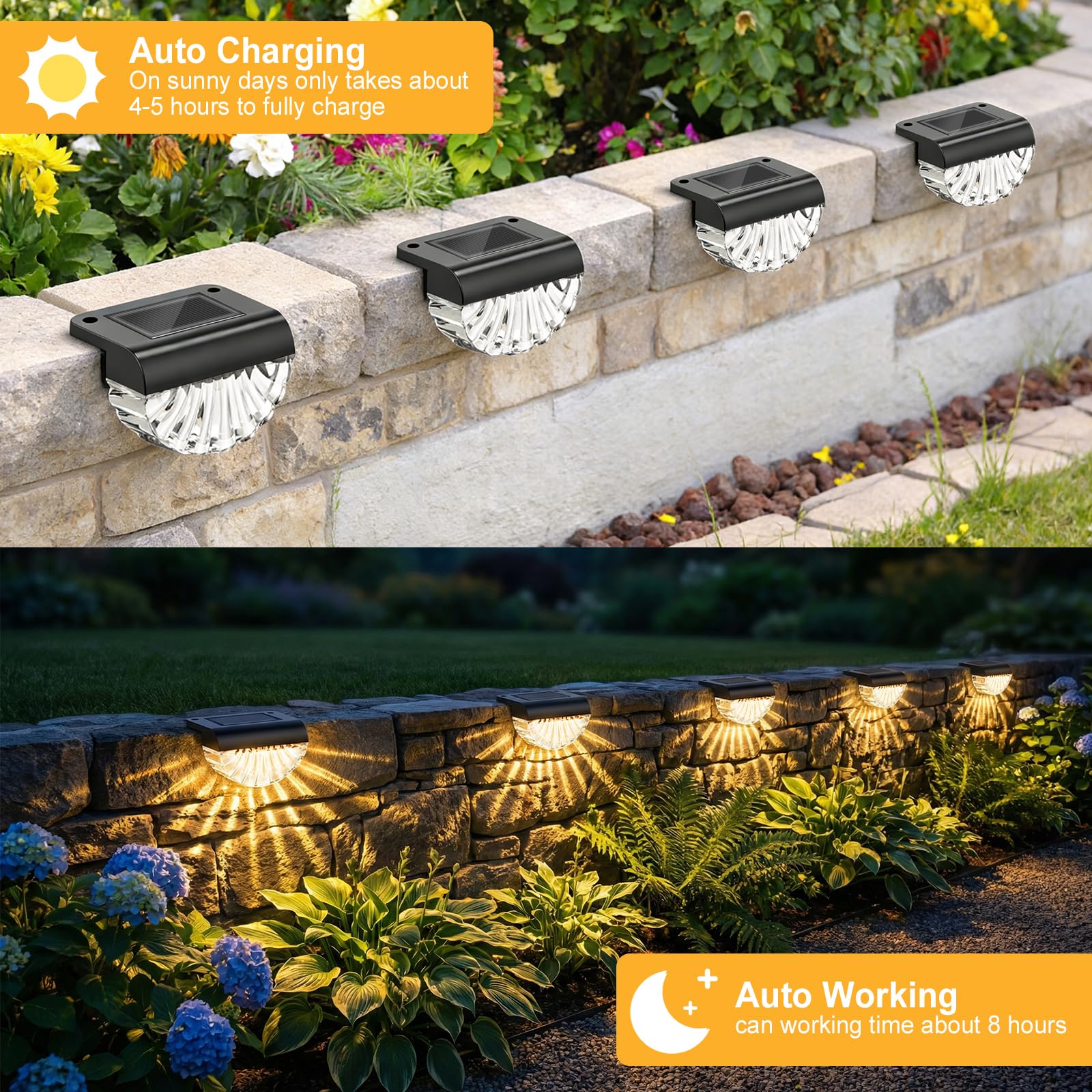 Lampada solare a LED per esterni, impermeabile, 6 pezzi | Lampada solare da parete per esterni, per terrazza, giardino e gradini, bianco caldo