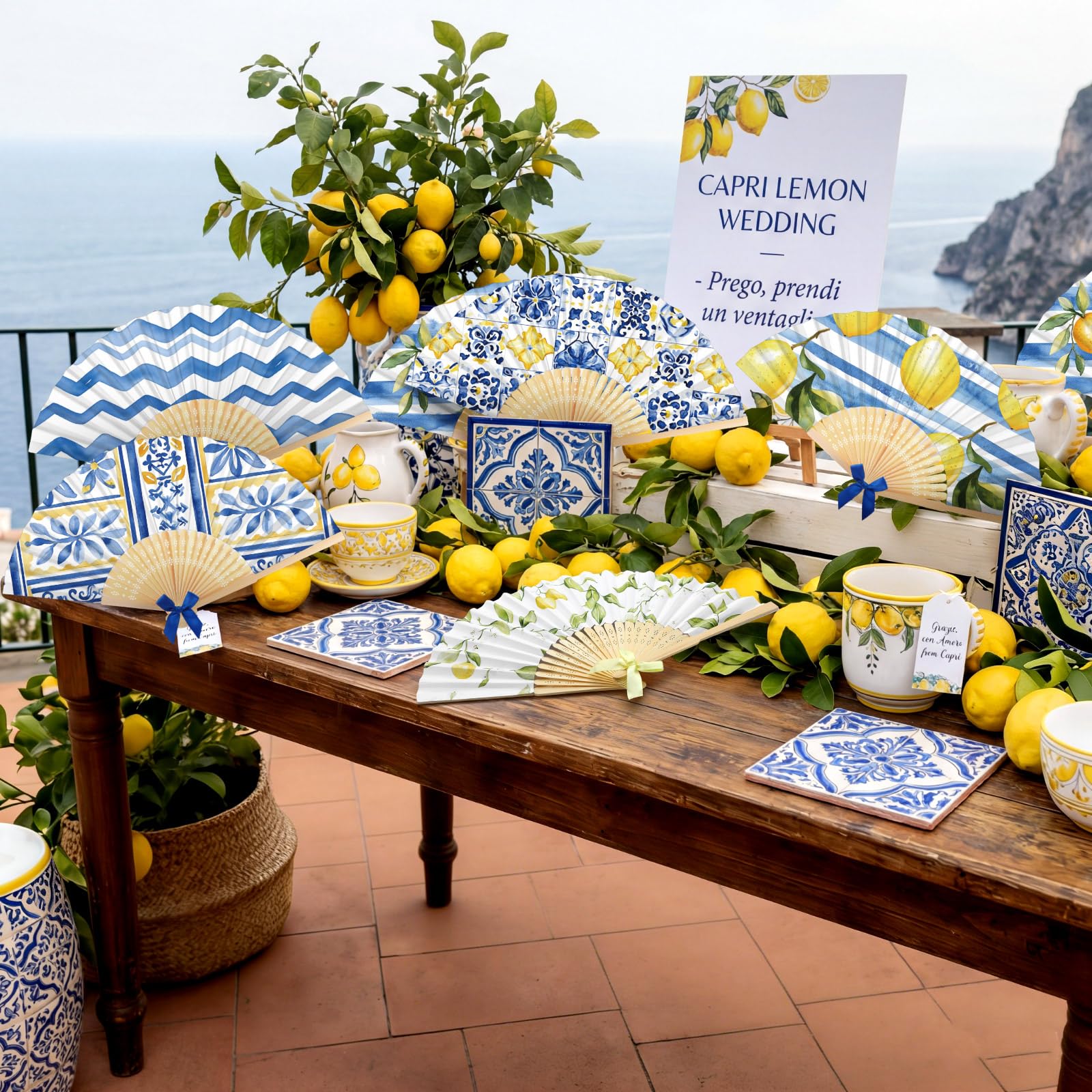Roowest Amalfi Coast Capri Positano Lemon Faltbarer Handfächer Großpackung Sommer Mediterran Partyzubehör Faltbare Zitronenmuster Handfächer für Babyparty, Hochzeit, Geburtstag, Dekorationen