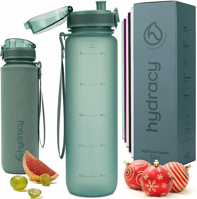Hydracy Water Bottle with Time Marker -Large 1 Litre BPA Free Water Bottle & No Sweat Sleeve -Leak Proof Gym Bottle with Fruit Infuser Strainer & Times to Drink -Ideal for Fitness Sport & Outdoor