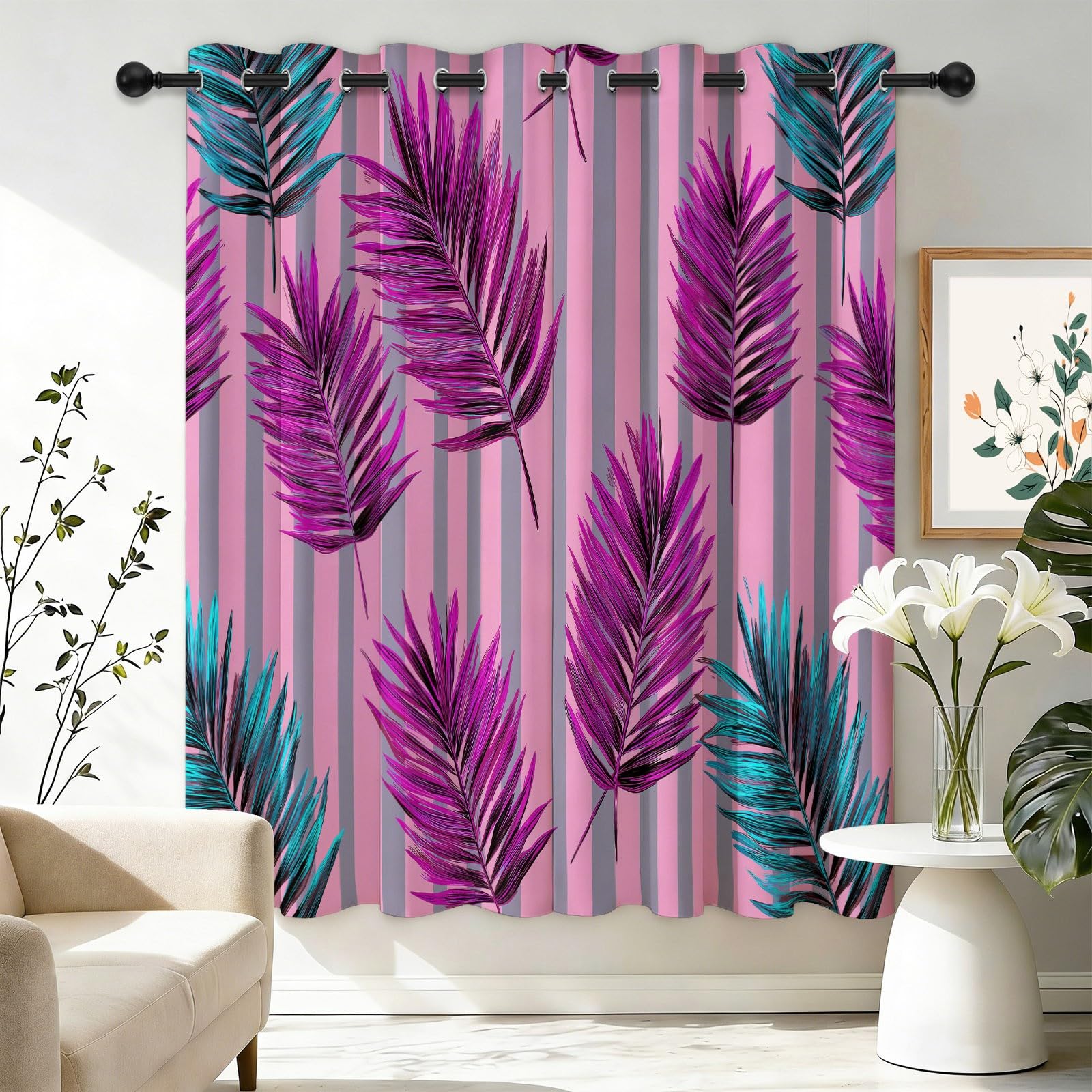 Bunt Blickdicht Vorhänge Wohnzimmer - Stilvoll Streifen Pflanze Palmenblatt Vorhänge mit Ösen Themovorhang Verdunkelungsvorhänge für Schlafzimmer Kinderzimmer, B110 x H215 cm 2er Set